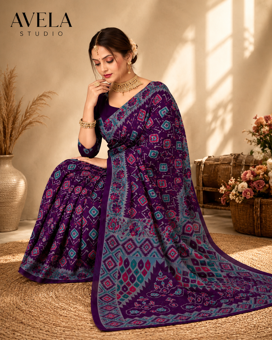 Purple Printed Cotton Saree with Teal Traditional Border