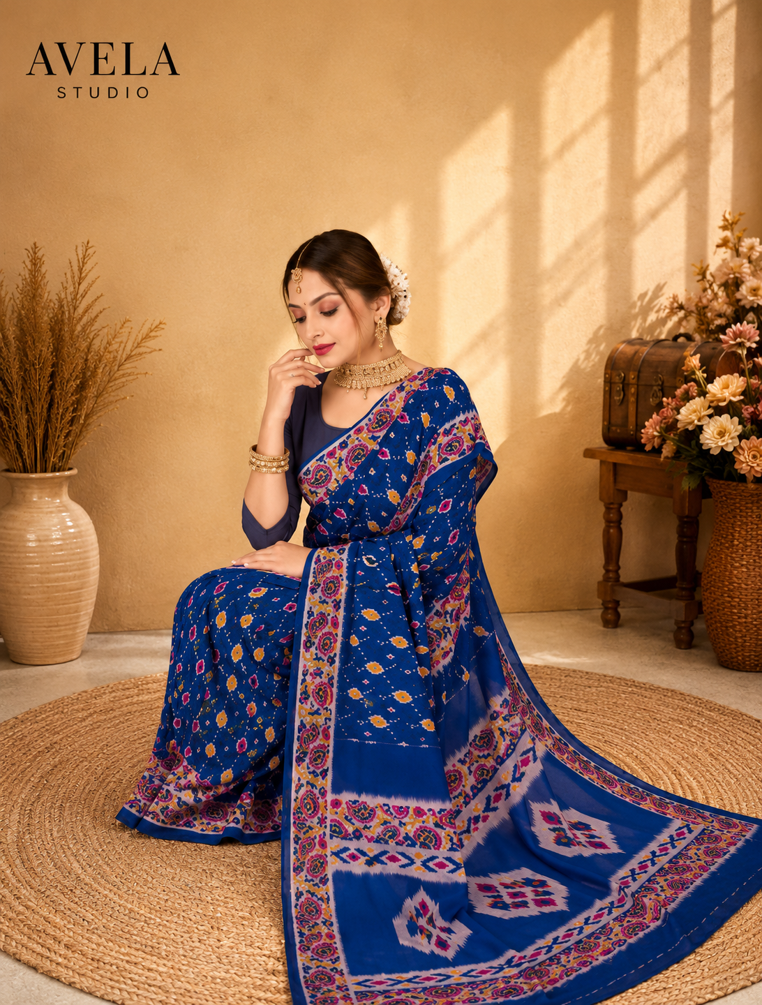 Royal Blue Printed Cotton Saree with Multicolor Traditional Border