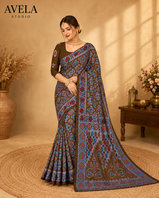 Brown Printed Cotton Saree with Traditional Border