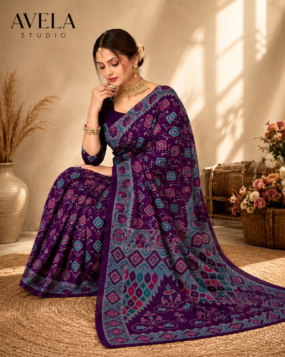 Purple Printed Cotton Saree with Teal Traditional Border