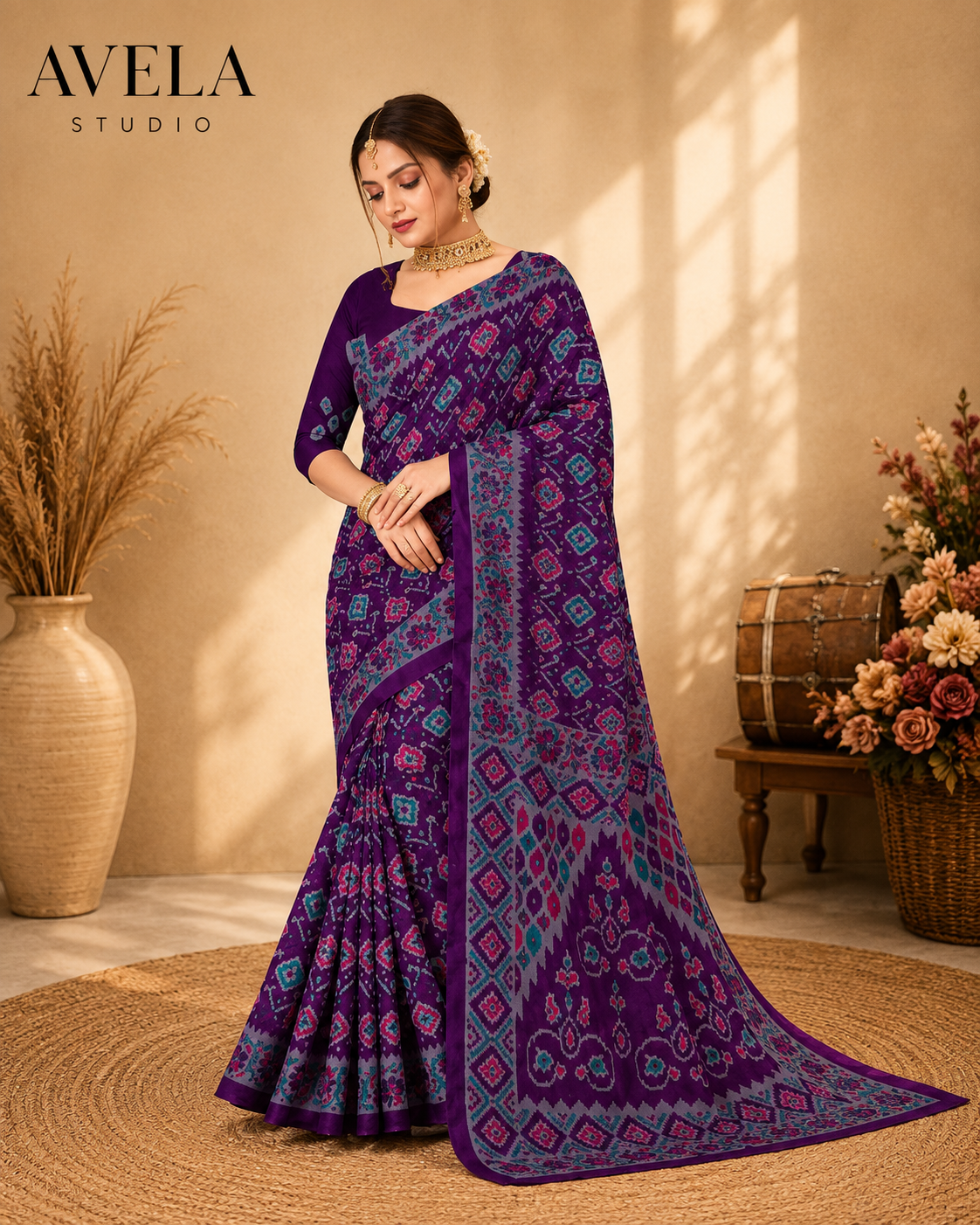 Purple Printed Cotton Saree with Teal Traditional Border