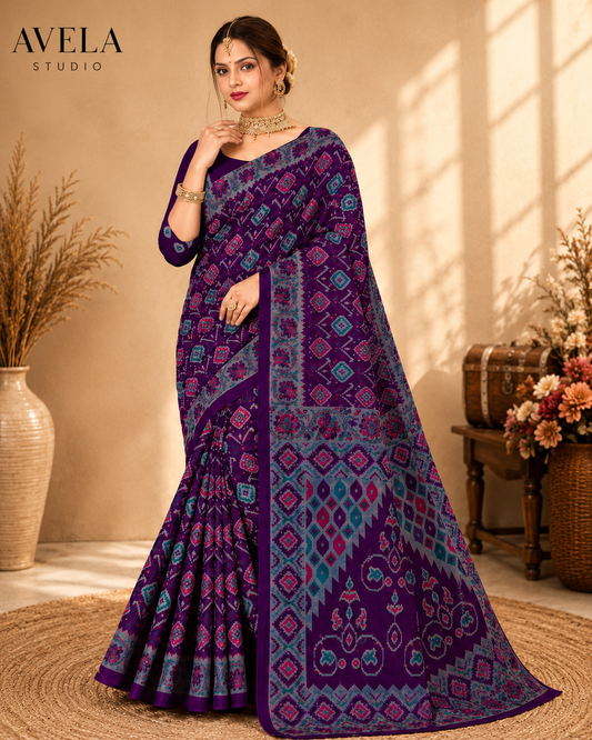 Purple Printed Cotton Saree with Teal Traditional Border