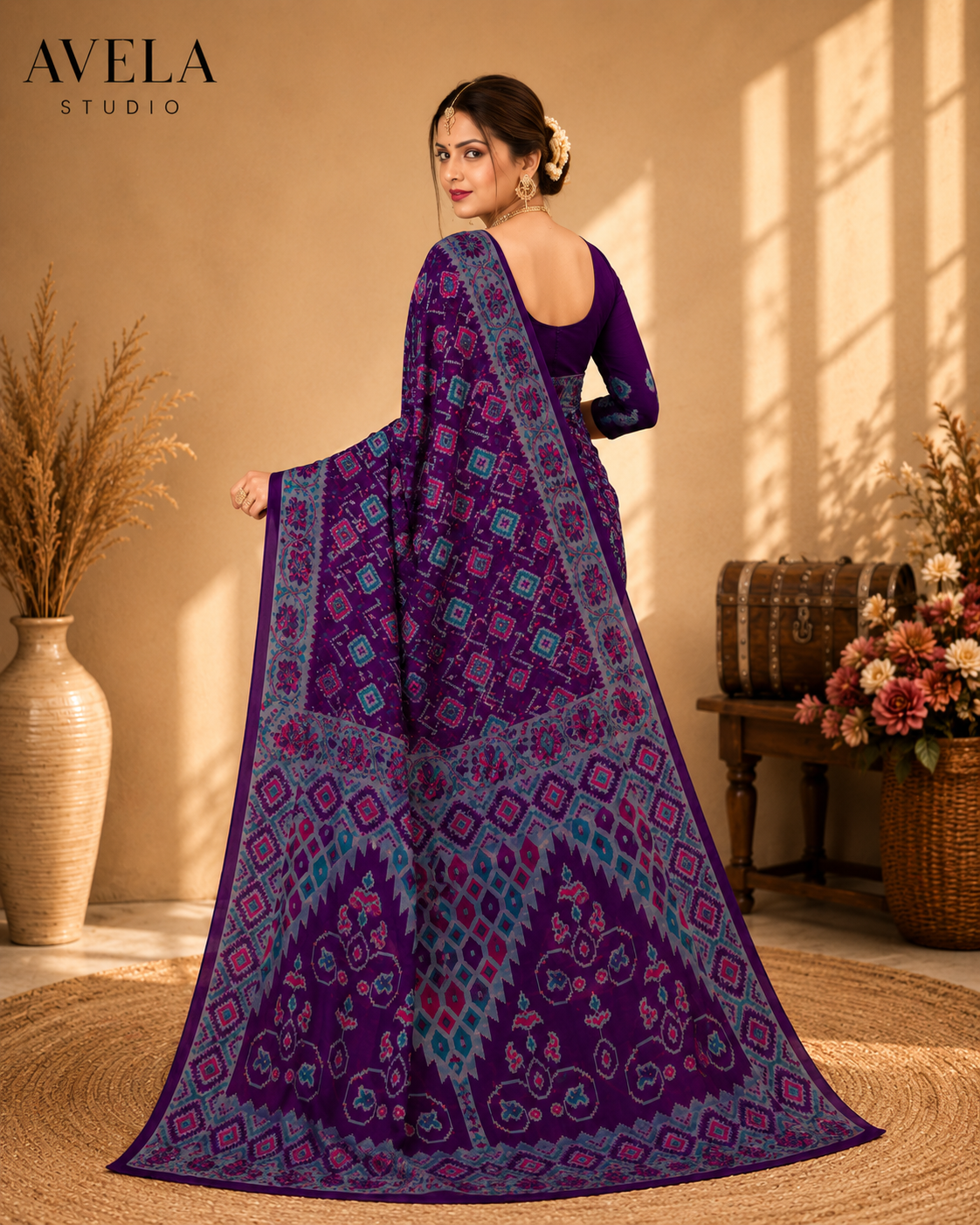 Purple Printed Cotton Saree with Teal Traditional Border
