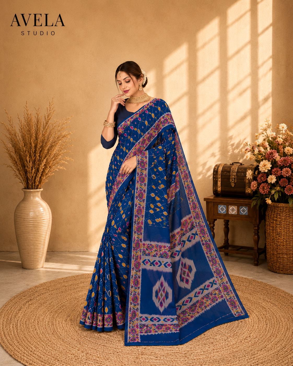Royal Blue Printed Cotton Saree with Multicolor Traditional Border