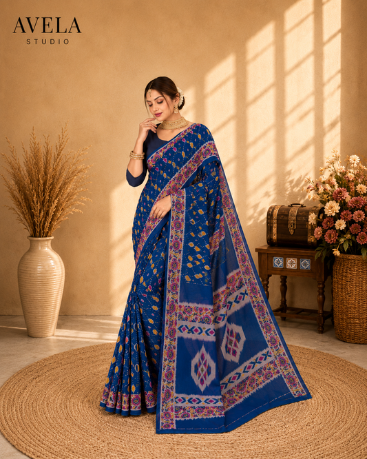 Royal Blue Printed Cotton Saree with Multicolor Traditional Border