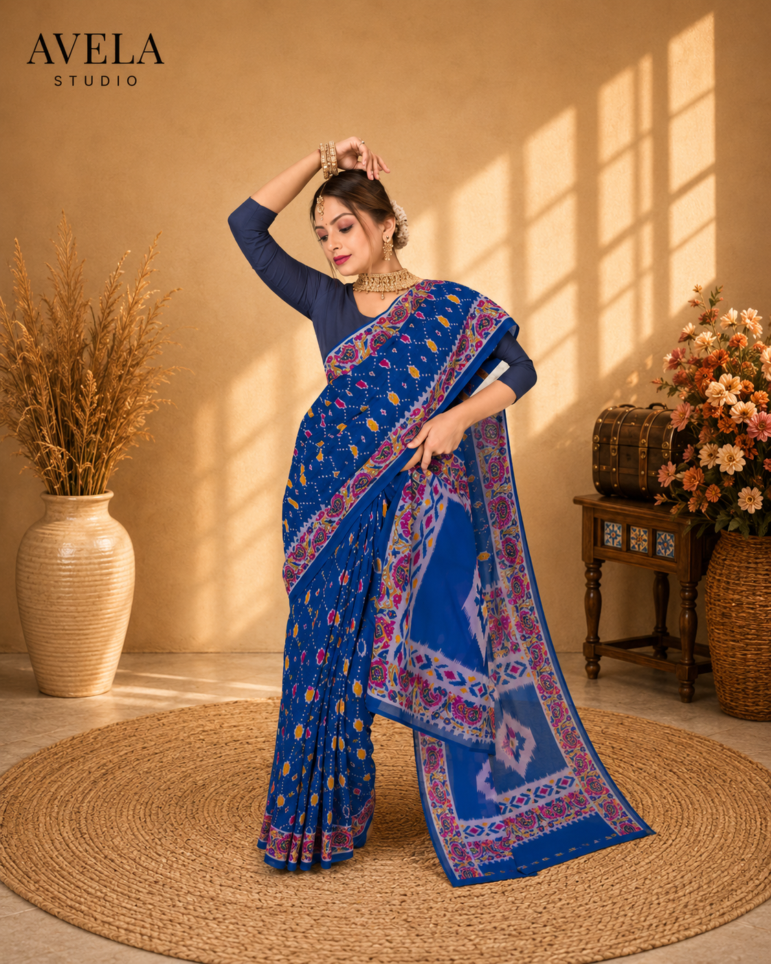 Royal Blue Printed Cotton Saree with Multicolor Traditional Border