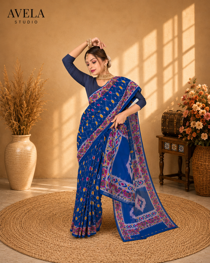 Royal Blue Printed Cotton Saree with Multicolor Traditional Border