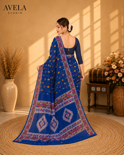 Royal Blue Printed Cotton Saree with Multicolor Traditional Border