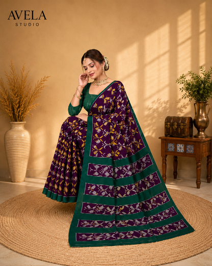 Purple Printed Cotton Saree with Green Contrast Border