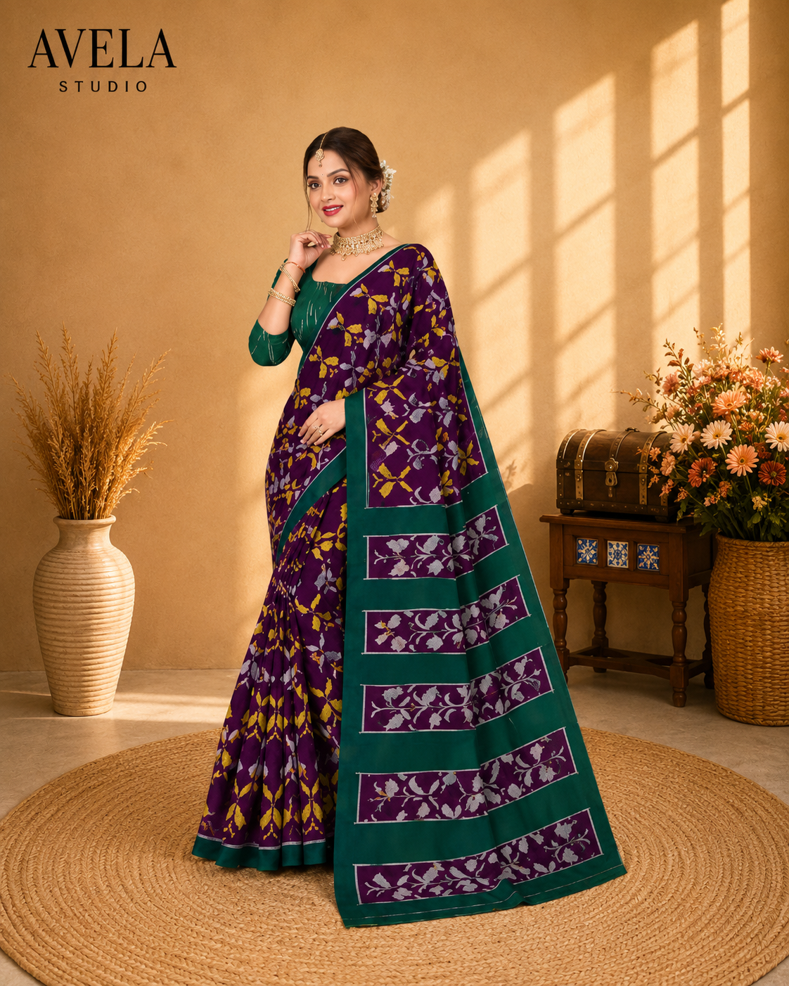 Purple Printed Cotton Saree with Green Contrast Border