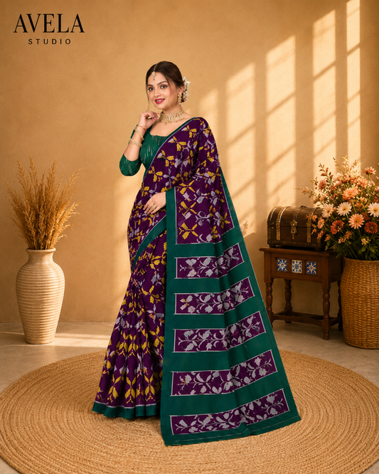 Purple Printed Cotton Saree with Green Contrast Border