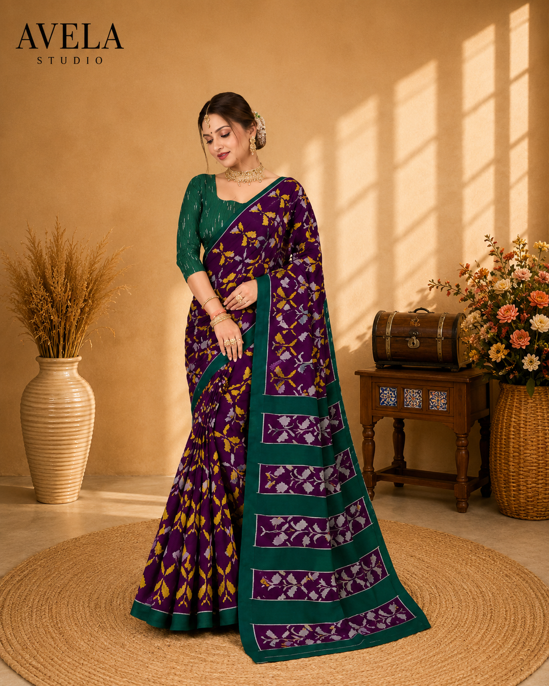 Purple Printed Cotton Saree with Green Contrast Border