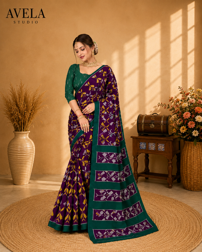 Purple Printed Cotton Saree with Green Contrast Border