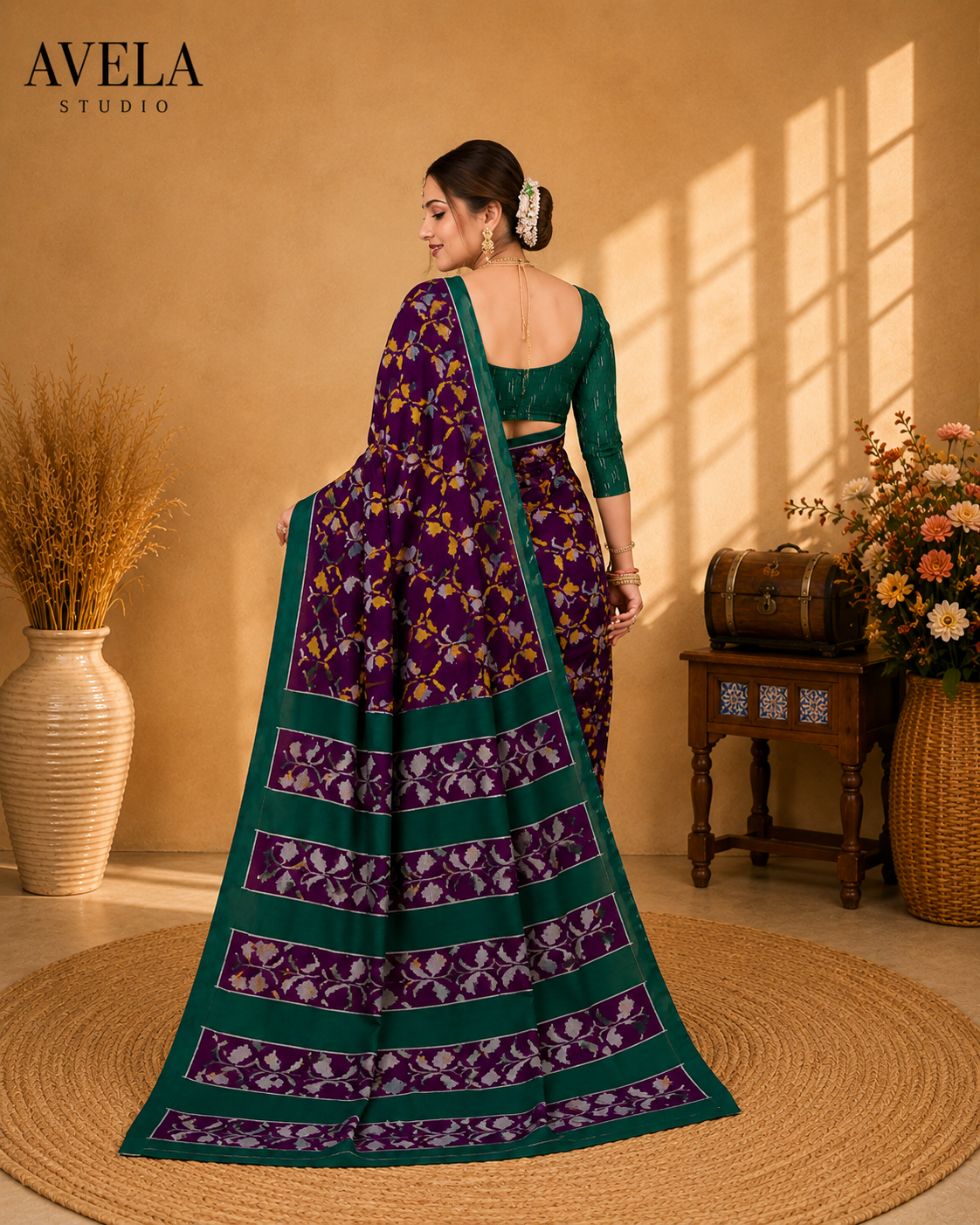 Purple Printed Cotton Saree with Green Contrast Border