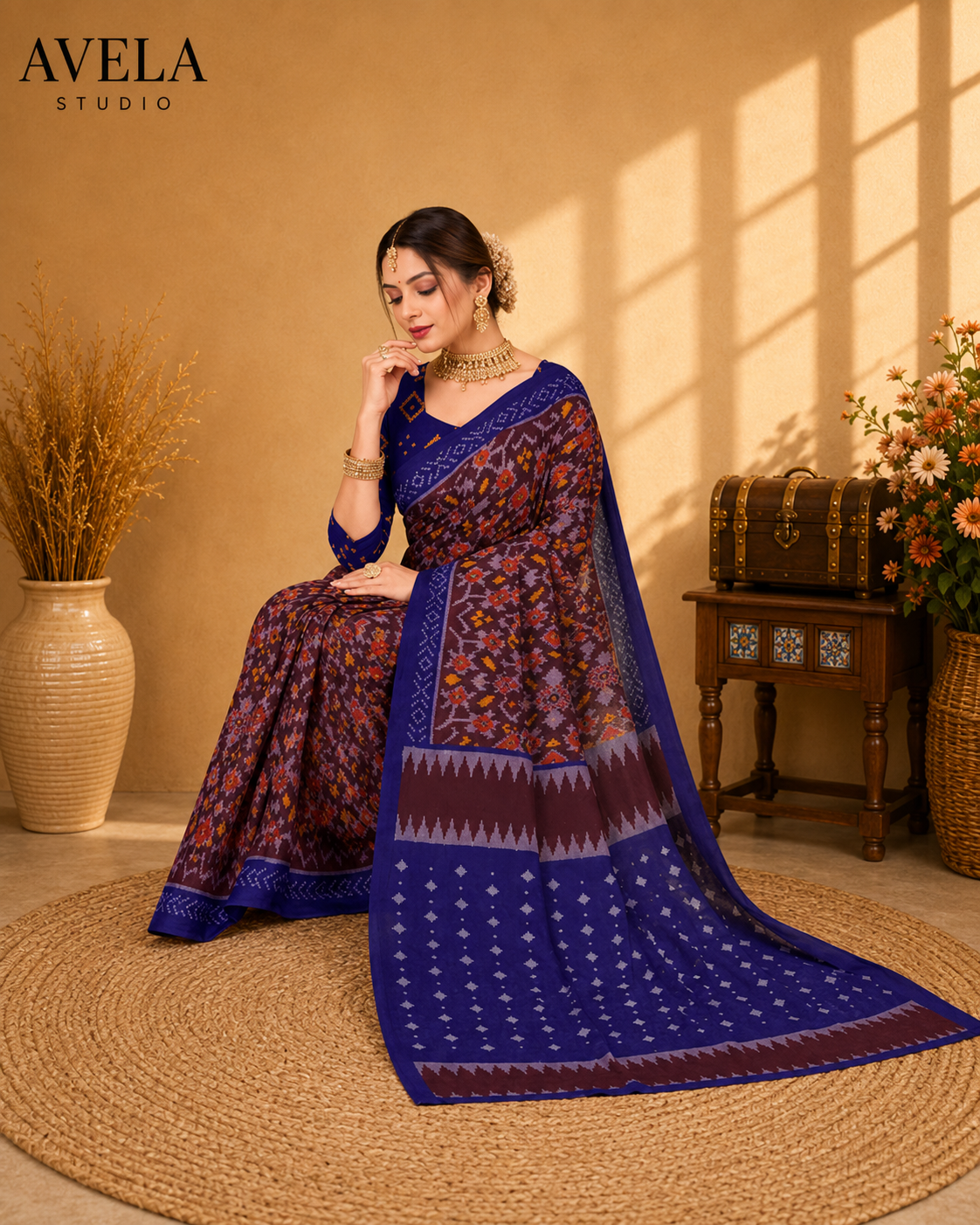 Royal Blue Printed Cotton Saree with Traditional Contrast Border