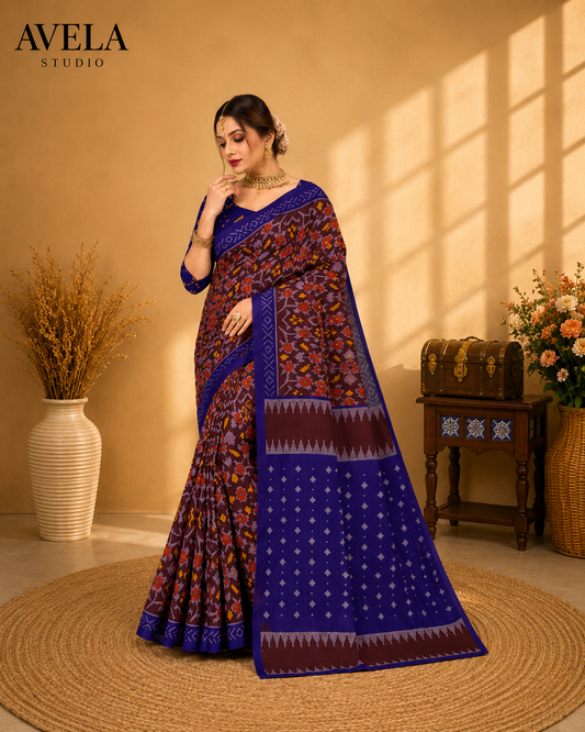 Royal Blue Printed Cotton Saree with Traditional Contrast Border