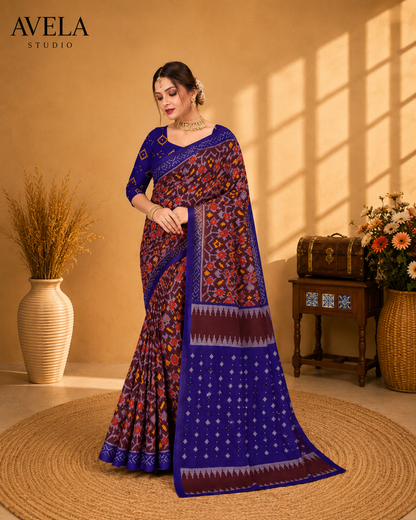 Royal Blue Printed Cotton Saree with Traditional Contrast Border