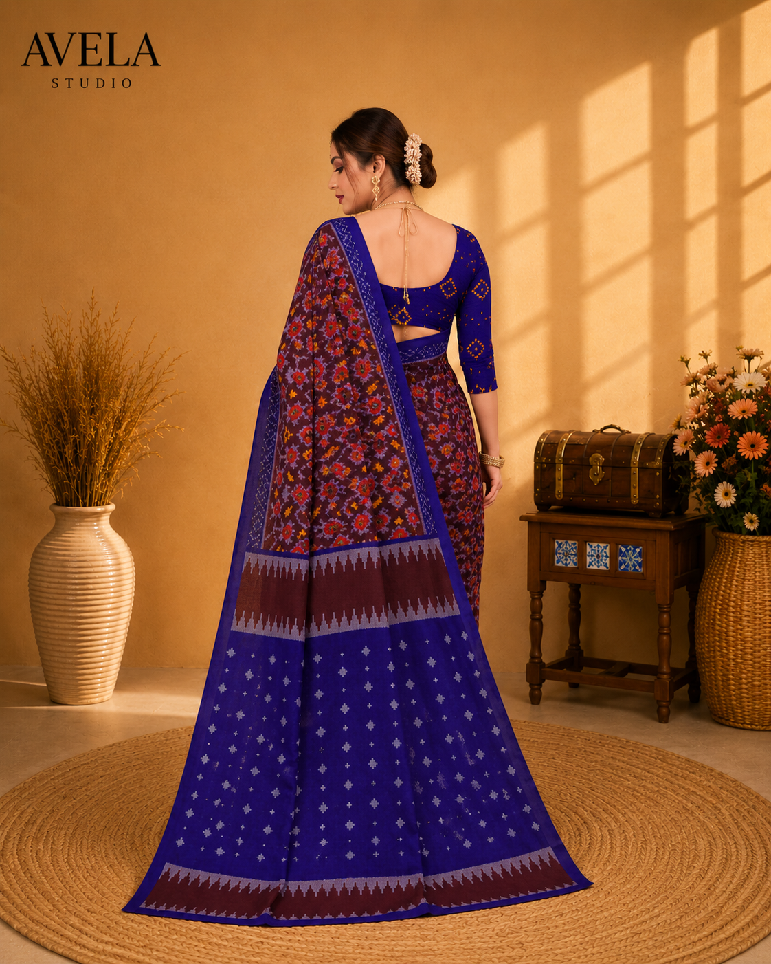 Royal Blue Printed Cotton Saree with Traditional Contrast Border