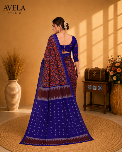 Royal Blue Printed Cotton Saree with Traditional Contrast Border