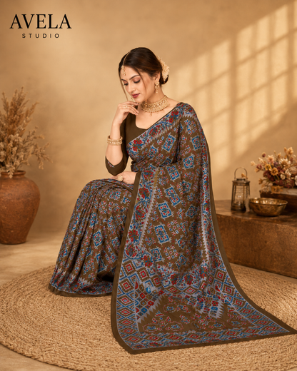 Brown Printed Cotton Saree with Traditional Border