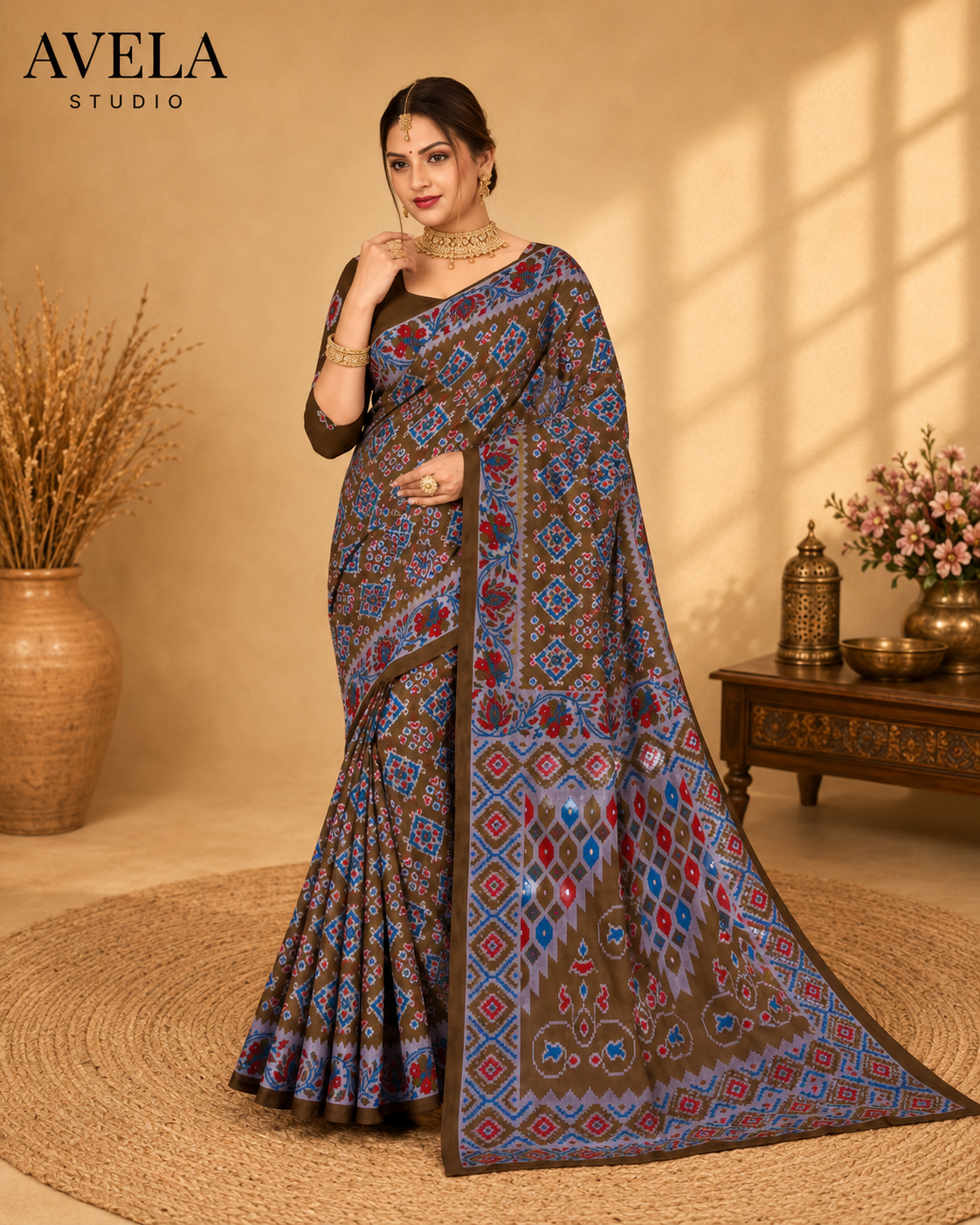 Brown Printed Cotton Saree with Traditional Border