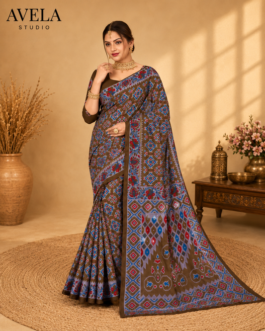Brown Printed Cotton Saree with Traditional Border