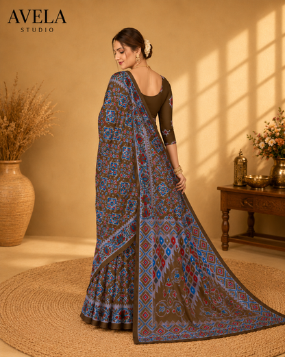 Brown Printed Cotton Saree with Traditional Border