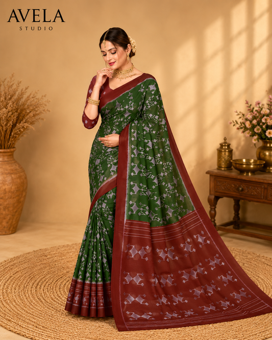 Green Printed Cotton Saree with Maroon Border
