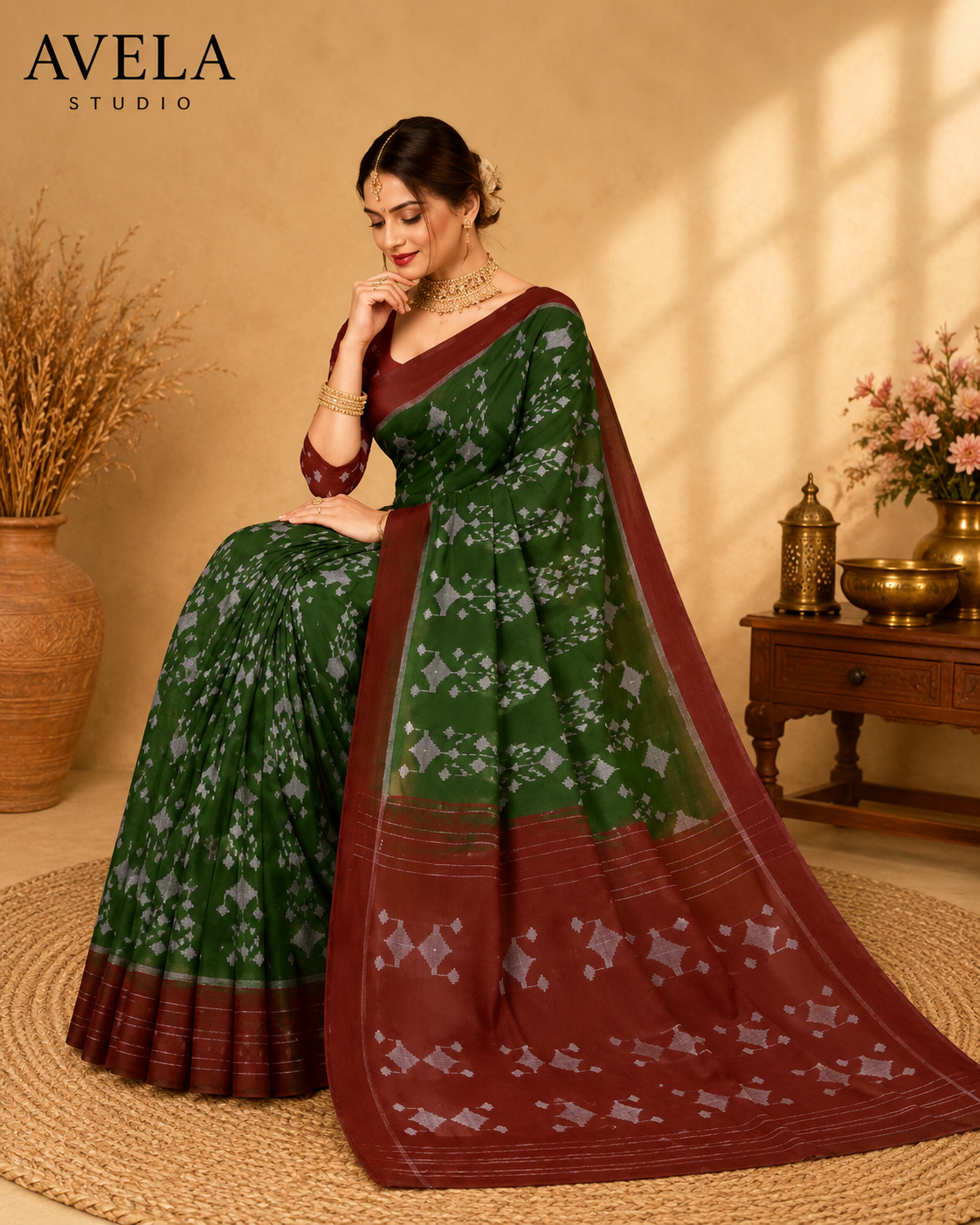 Green Printed Cotton Saree with Maroon Border