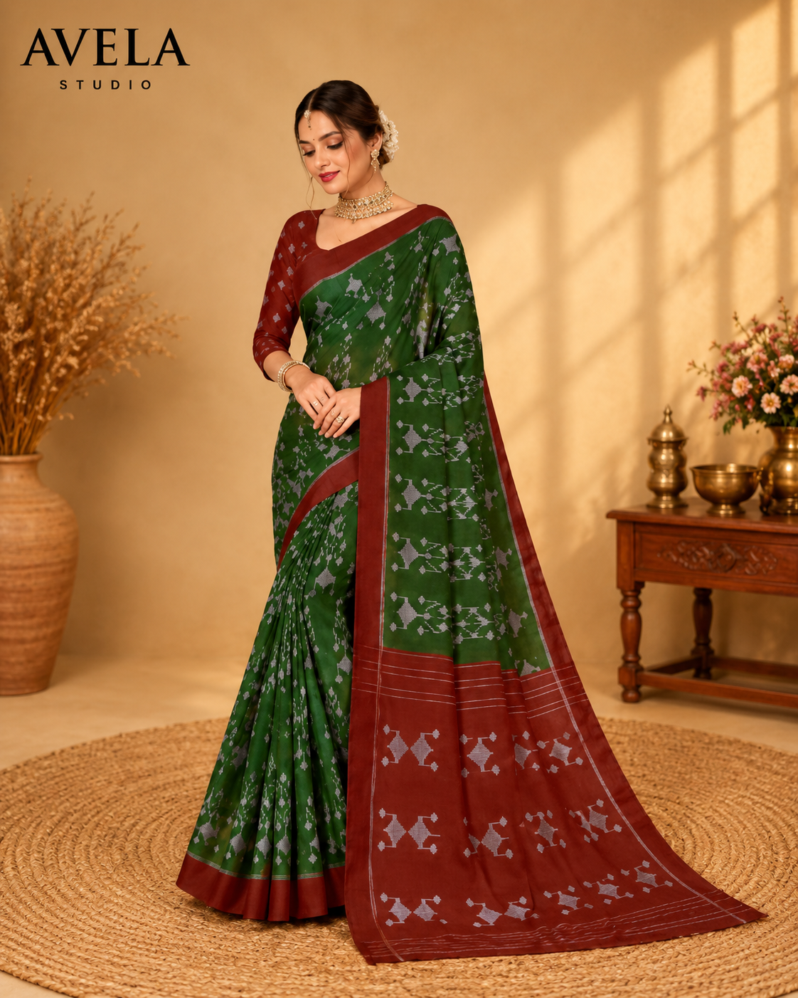 Green Printed Cotton Saree with Maroon Border