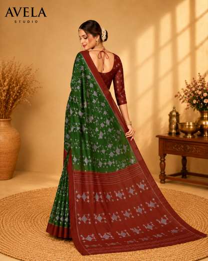 Green Printed Cotton Saree with Maroon Border